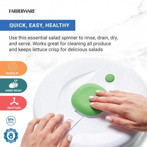 Farberware Easy to use pro Pump Spinner with Bowl, Colander and Built in draining System for Fresh, Crisp, Clean Salad and Produce,  Green