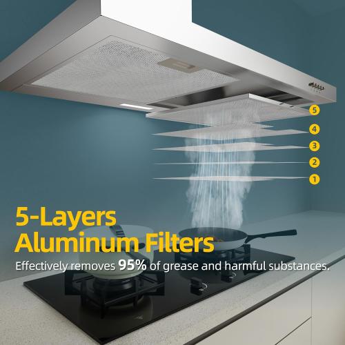 FIREGAS Range Hood 30 inch Wall Mount Type with Ducted/Ductless Convertible, 450 CFM Stainless Steel Chimney-Style Kitchen Hood, Over Stove Vent Hood with 3 Speed Fan, LED Light, Charcoal Filters