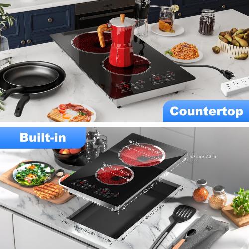 2 Burner Electric Cooktop 2000W, Portable Ceramic Glass Hot Plate 12 Inch, 110V Plug in Electric Stove Top Burner, Built-in & Countertop Burner with Touch Control, 9 Power Levels