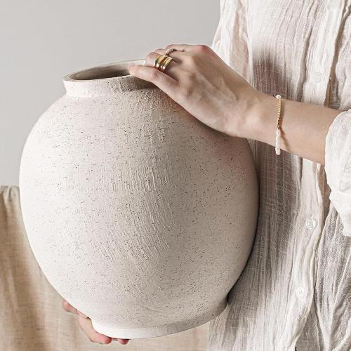 Ceramic Rustic Vase, 10.8 Inch Farmhouse Minimalist Tall Flower Vase for Table, Living Room, Home Decor, Bathroom, Holiday, Wedding, Set of 1, Sandstone White