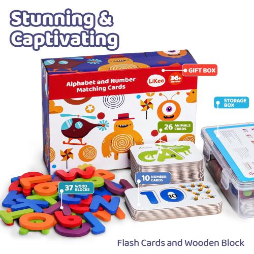 LiKee Alphabet Flash Cards Wooden Letter Puzzle ABC Sight Words Matching Games Counting Board Preschool Educational Montessori Toys for Toddlers Boys Girls 3  Years (36 Cards& 37 Wood Pieces)