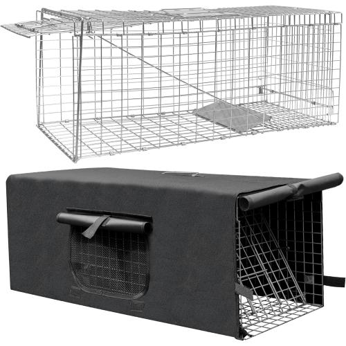 Live Feral Cat Trap Cage with Cover, Heavy Duty Folding Animal Traps Cage for Stray Cats, Humane Cat Trap for Raccoon, Squirrel, Skunk, Catch and Release - (32 x 10 x 12 inches)