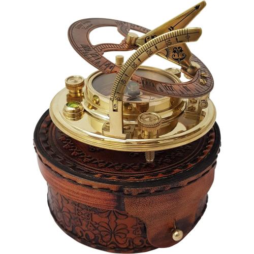 Brass Nautical - Antique Brass & Copper Sundial Compass, Sundial Clock in Box Gift Sun Clock Ship Replica Watch