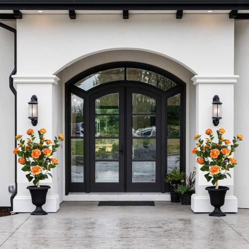 3FT Artificial Camellia Tree, 2 Pack Fake Camellia Tree Artificial Tree, Faux Floral Plants in Cement Pot, Greenery Potted Plant for Indoor Outdoor Home Office Porch Decor (Orange)