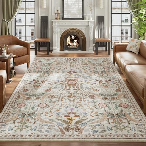 AMTOVO 8x10 Washable Area Rugs for Living Room, Non-Slip&Non-Shedding Large Soft Boho Floral Vintage Accent Print Carpet for Bedroom Dorm Dining Room Farmhouse Nursery Playroom Home Office, Beige