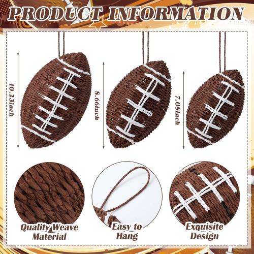 3 Pcs Woven Football Hanging Decor, Handmade Rustic Rattan Football Wall Decor for Boys Room, Man Cave, Game Room, Sports Theme Gifts, DIY Craft Project, Game Day Club Birthday Party Supplies