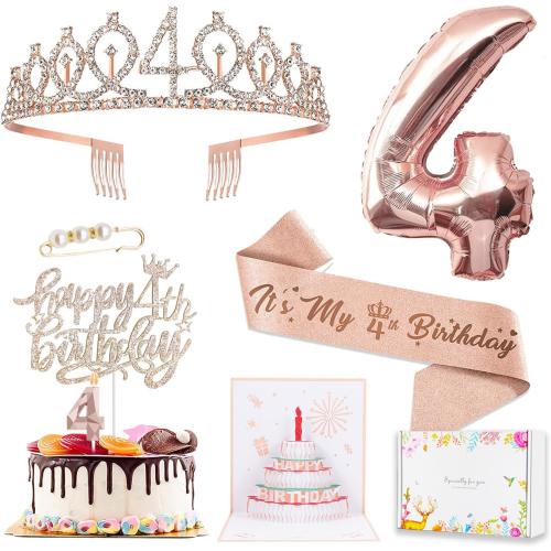 4th Birthday Decorations Girl, Including 4 year old Birthday Cake Topper, Birthday Queen Sash with Pearl Pin, Sweet Rhinestone Tiara Crown, Number Candles and Balloons Set, Rose Gold