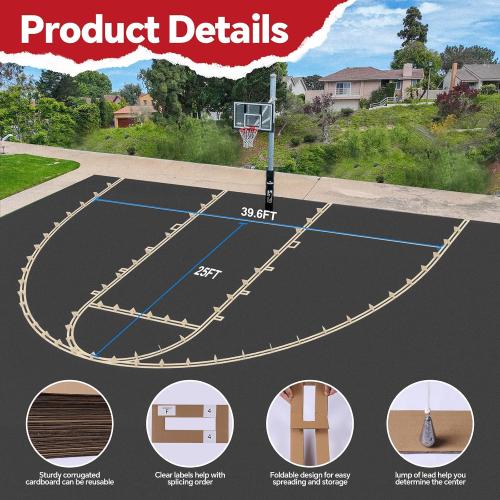 Reusable Basketball Court Marking Kit Foldable Design Basketball Court Stencil Kit for Concrete, Asphalt, Tiles, Driveway or Backyard - No Paint Included