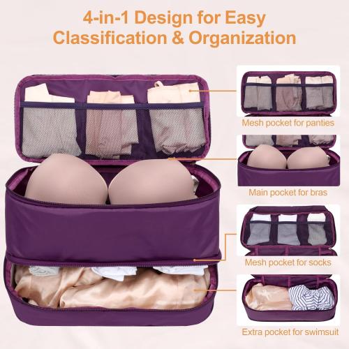 Cambond Travel Underwear Organizer Bag - 4-in-1 Double Layer Lightweight Bra Organizer, Portable Expandable Compression Packing Cubes Travel Packing Organizers, Underwear Storage Bag for Women