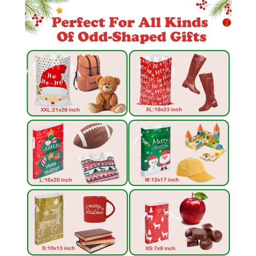 38pcs Christmas Gift Bags with Ribbon Ties, Christmas Bags for Gifts Assorted Sizes Small/Medium/Large Christmas Gift Bags, Holiday Christmas Wrapping Paper Reusable Plastic Santa Bag Wrapping Bags