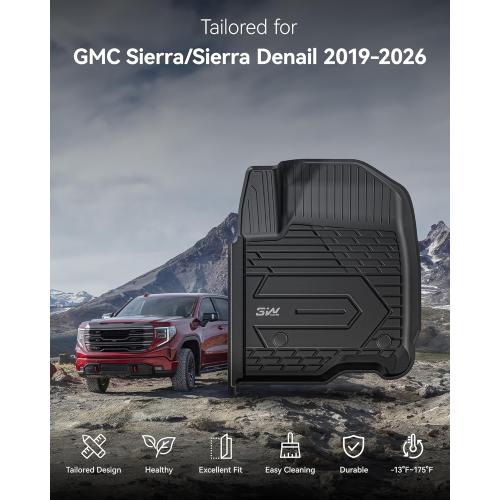 3W Floor Mats Fit for 2019-2025 2026 Chevy Silverado/GMC Sierra Denali 1500 & 2020-2025 2026 GMC Sierra 2500/3500 HD Crew Cab TPE All Weather Floor Liner, Fit For 2nd Row with Factory Carpeted Storage