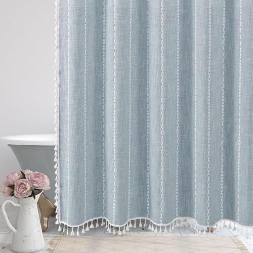 MitoVilla Blue Boho Fabric Shower Curtain, Modern Farmhouse Polyester Linen Shower Curtains for Vintage Rustic Bathroom Decor, Country Tassel Thick Cloth Shower Curtain, 72 x 72