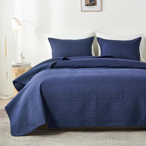 Quilt Bedding Set,Navy Blue Ultrasonic Quilt Set,Lightweight Soft Bedspread Coverlet,Modern Style Coin Pattern Bed Cover for All Seasons,3 Piece(1 Quilt,2 Pillow Shams)