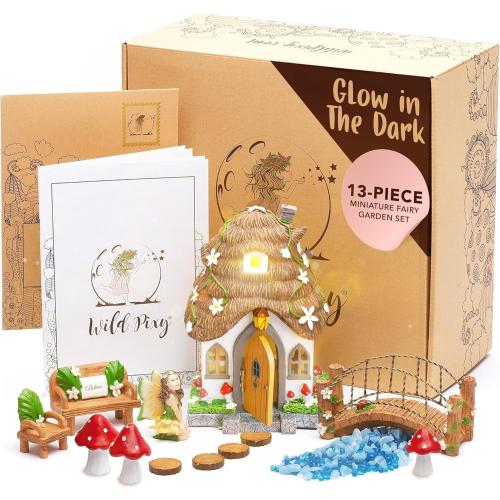 WILD PIXY Fairy Garden Kit - 13 Piece Glow in The Dark Fairy Garden Accessories, 7.1 Outdoor Fairy House with Opening Door and Solar LED Light, Garden Door for Trees, Stones, Indoor/Outdoor Décor