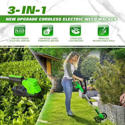 Green Electric Weed Wacker Eater Cordless, Weed Wacker Battery Powered, Weed Trimmer with 2X 2.0Ah Battery Operated & 25 Blades & Wheels, 3 in 1 No-String Grass Trimmer/Brush Cutter/Edger for Garden Yard