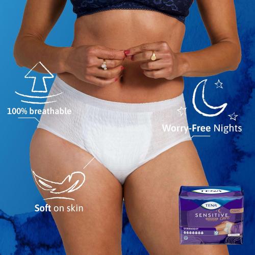 Size K TENA Sensitive Care Overnight Incontinence Underwear for Women, Bladder Control and Postpartum, 48 Count