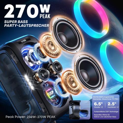 W-KING 270W Peak Party Speaker, Powerful Sound/Futuristic lightshow/12 Custom Deepest Bass/Massive 125dB 6.5''x2 Subwoofer/MIC&GTR in/USB/TF/AUX/IPX5 Waterproof Large Bluetooth Speaker (Black) ‼️unused‼️