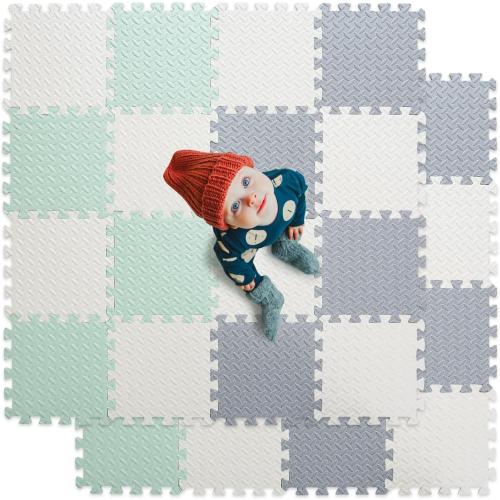 Foam Floor Mats for Kids, 12 x 12 Inch 16 Tiles 0.4 Thickness Foam Play Mat, Non-Toxic Square Interlocking Floor Mats Rubber Baby Play Mat for Toddlers(White/Gray/Bean Green)