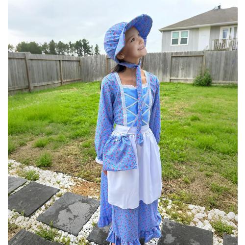 Meland Pioneer Dress for Girls - Colonial Floral Costume with Bonnet, Apron & Purse, Pionner Outfit for Girls 3-10 Years
