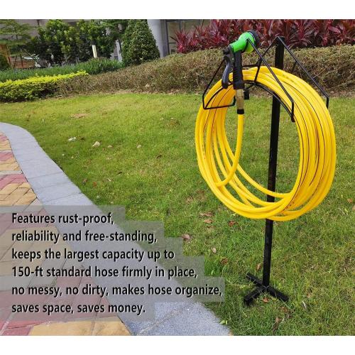 Freestanding Garden Hose Holder Hanger, Heavy Duty Metal Water Hose Reel Storage Stand Rack for Yard Lawn, Bright Black (Hose not Included)