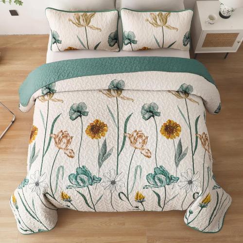 WONGS BEDDING Floral Quilt Set King,Green Yellow Printed Botanical Bedspread Bedding Set with 2 Pillowcase,Spring Summer Lightweight Farmhouse Coverlet Set for All Season (104x90)