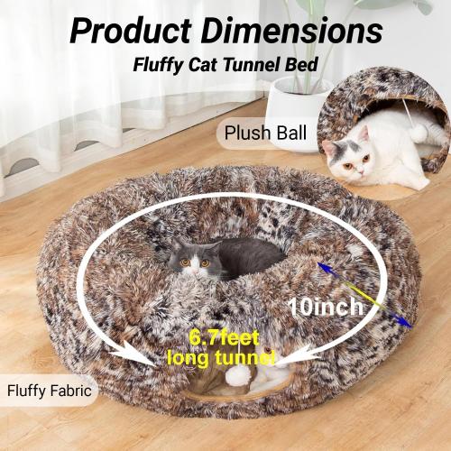 LUCKITTY Warm Fluffy Plush Cat Tunnel Bed with Washable Cushion- Big Tube Playground Toys 3 FT Diameter Collapsible, for Indoor Cat Kitty Kitten Puppy Rabbit Ferret Leopard Print