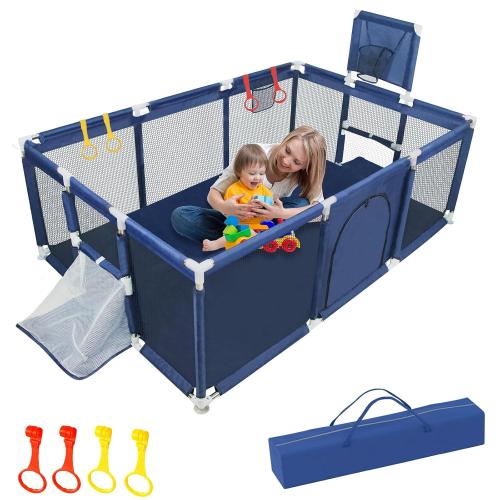 Baby Playpen Large Playpen for Babies and Toddlers, Sturdy Baby Ball Pit w/Basketball Hoop Soccer Net, Indoor Outdoor Children's Fence Play Pen Activity Center Play Area, Infant Safety Gates(Blue)