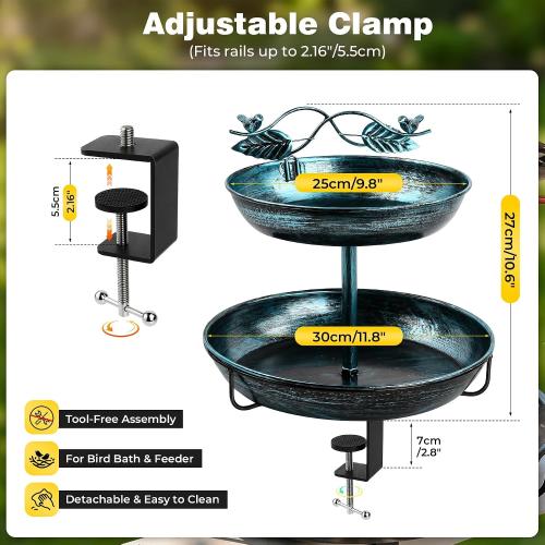 2 in 1 Deck Bird Bath & Feeder for Railing, Metal Birdbath & Birdfeeder with Adjustable Clamp, Detachable Bird Baths Water Bowl, Rustproof Wild Bird Balcony Patio Yard Garden Decor (Lake Blue)