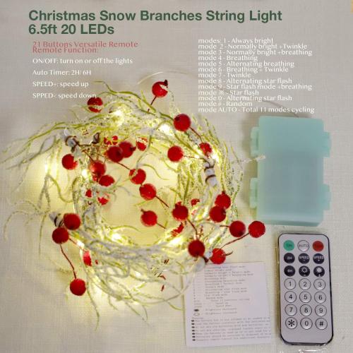 MENGNAN Fairy Decorative Lights Snow Branches Red Berries String Lights 6ft 20LEDs Battery Operated Lights for Bedroom Wedding Indoor Party Valetine's Day Mother's Day Anniversary Decor