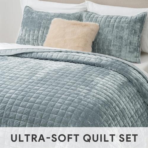 RECYCO Luxury Velvet Quilt Set King Size Bedding Sets, Ultra Soft Velvet Comforter Set, Lightweight Channel Box Stitch Oversized Bedspread Coverlet for All Season, with 2 Shams, Blue Linen