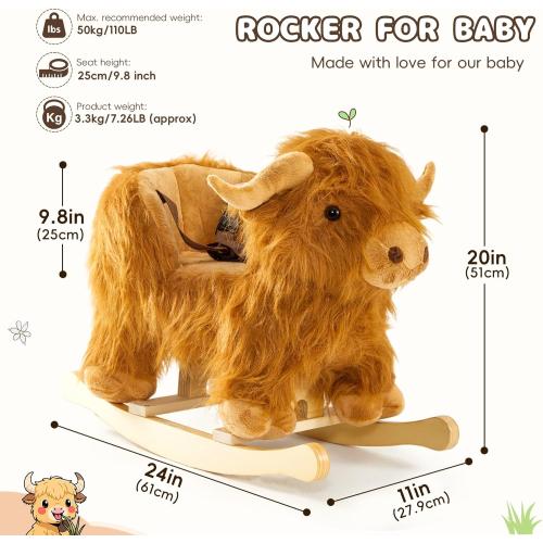 Baby Rocking Horse,Highlander Cattle Wooden Rocking Horse for Toddlers 1 Year Old Cute Cow Stuffed Plush Ride-on Toy Rocking Animal for Baby Boys and Girls Nursery/Child Christmas or Birthday Gift