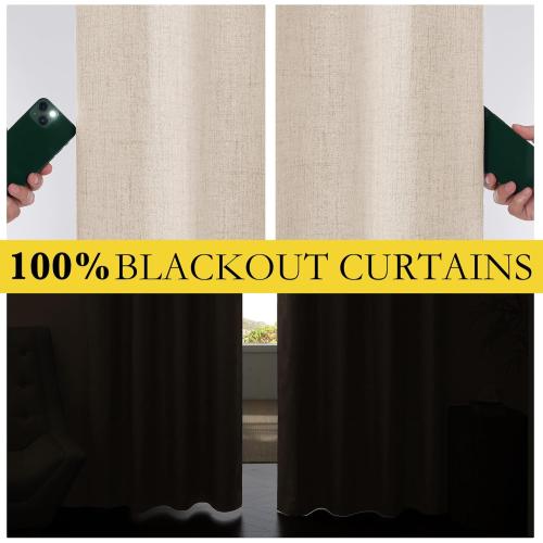 NICETOWN Cream Linen 100% Blackout Curtains, 2 Panels Set, 52 x 90 Inches, Rod Pocket Style, Thermal Insulated Room Darkening Drapes for Bedroom, Living Room, Nursery, Modern Farmhouse Decor