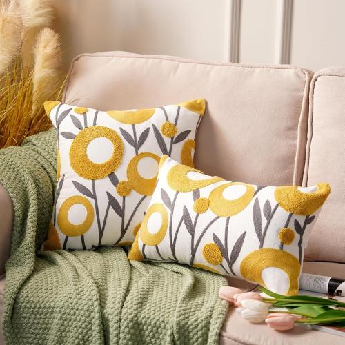 ARTMAGIC Embroidered Floral Throw Pillow Cover Boho Decorative Pillowcase | Yellow 12x20 Tufted Cushion Cover, For Couch Sofa Bed, Living Room Bedroom Decor