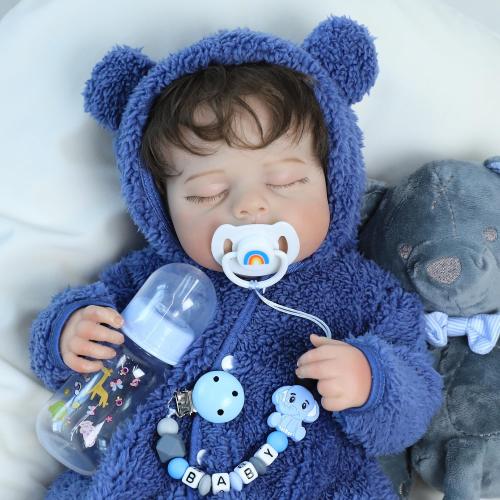 SCOM Reborn Baby Doll Accessories Set - Rainbow Magnetic Pacifiers & Removable Reusable Baby Doll Bottles with Silicone Pacifier Clips for Reborn Dolls Boys for Doll Lover, Blue Style, 3 Pcs