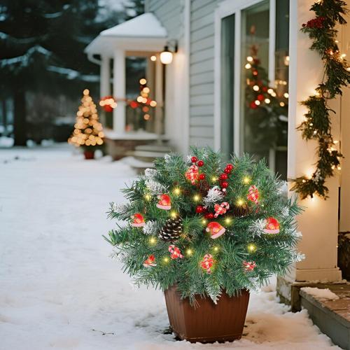DR.DUDU 15 Inch Outdoor Christmas Decorations Urn Filler for Front Porch- Lighted Christmas Pot Fillers with Stake, Xmas Pine Trees with Timer for Outside Home Décor