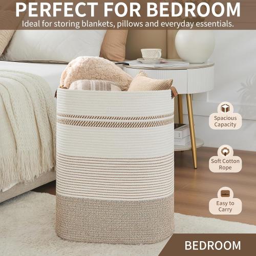 AINUOQI Laundry Basket with Handles - Blanket Basket & Hampers for Bedroom Aesthetic, Laundry Hamper & Blanket Storage for Living Room, Clothes Hamper, Tall, Large 17 x 14 x 22”, Light Brown & White