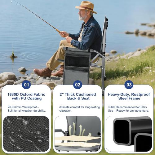 Size XL Color Grey and blue Heavy Duty Camping Chair 396lb Capacity (525lb MAX) - Waterproof 1680D Oxford - Oversized 2 Thick Padded Seat with Cup Holder & Cooler - Portable for Camping, Beach, Tailgating Slate/Navy