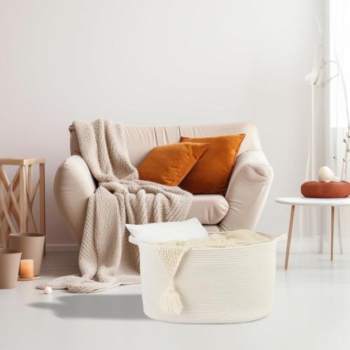Large Rectangle Blankets Basket Living Room 22x17x12 Woven Cotton Rope Storage Baskets for Nursery Toy Baskets for Kids and Dogs Wicker Laundry Basket Bin for Clothes Towels white