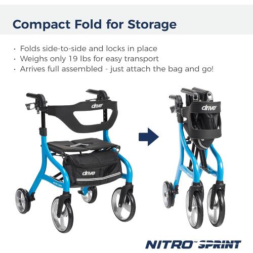 Drive Medical Nitro Sprint Foldable Rollator Walker with Seat, Standard Height Lightweight Rollator with Large Wheels, Folding Rolling Walker, Walker Rollator with Seat, Blue