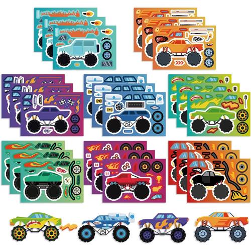 24 Sheets DIY Make a Face Monster Truck Stickers for Teens, Make Your Own Mixed & Matched with 8 Designed Characters(3 of Each) Sticker for Birthday Party Supplies Favors Class Reward (Monster Truck)