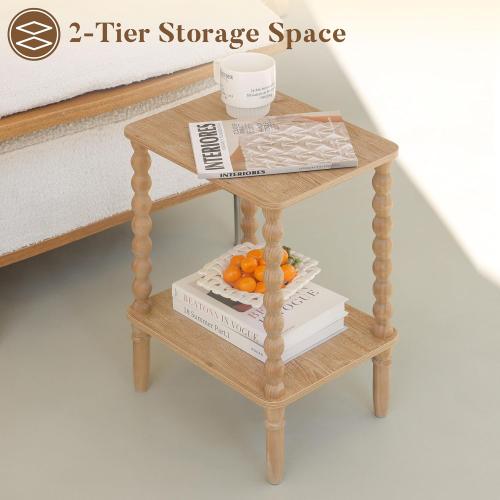 Small End Table, Couch Side Table with 2-Tier Storage Shelf, Wood Coffee Table for Bedroom, Living Room, Small Spaces (Rustic Walnut)