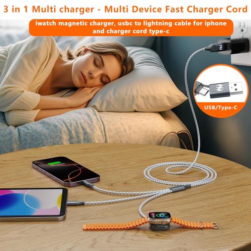 Multi Charging Cable for Apple Watch Charger 6FT, iPhone Charger USB A/C Multi Fast 3 in 1 Charging Cable for iWatch Ultra/SE/10-1 & iPhone16-5/Pro/Plus/iPad/iPod/Airpod