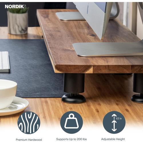 Nordik Large Dual Monitor Riser for 2 - 42.5 Inch Premium Handmade Hardwood Acacia Computer - Wood Shelf Desk Organizer Television - Laptop TV Stand with Storage Organizer for Desk Accessories (Brown)
