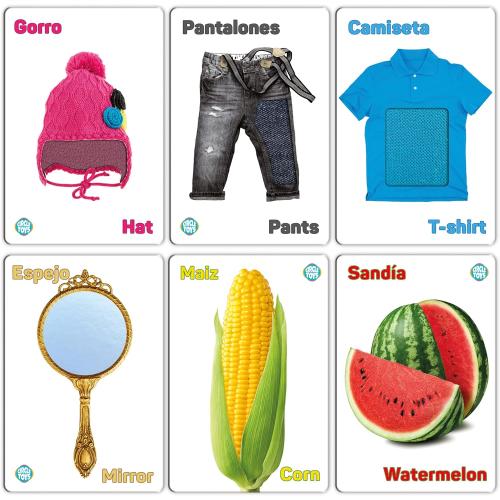 My Touch and Feel English Spanish Bilingual Picture Double Sided Sensory Flash Cards for Infant, Toddlers, Kids, Learn Animals, Fruits, Objects and Vehicles, Fun Learning and Educational Flashcards