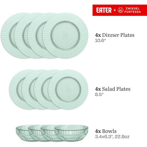 Eater x Zwiesel Fortessa Seraphina Glass, 12 Piece Dinnerware Set (Service for 4), Verde Green