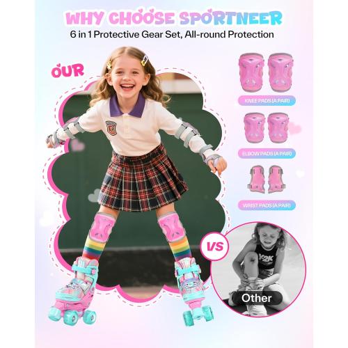 Sportneer Kids Roller Skates: 4 Size Adjustable Quad Skates with Light Up Wheels for 5-8, 8-12 Girls Boys Kids Toddlers Beginners, Birthday Gift with Protective Gear Set for Outdoor Indoor