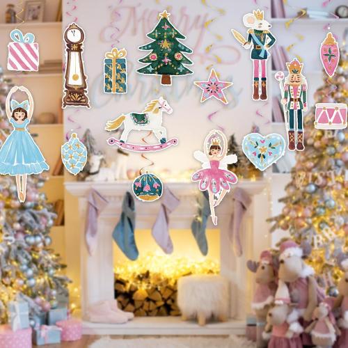 JarThenaAMCS 35Pcs Christmas Nutcracker Hanging Swirls Decoration Watercolor Pink Nutcracker Xmas Cartoon Ceiling Spiral Streamers Ornaments for Home Party Wall Supplies