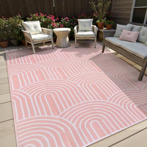 Pink Lahome 6x9 Indoor Oudoor Deck Rugs, Patio Rugs Outdoor Waterproof, Light Pink Reversible Plastic Straw Outside Carpets for Beach Camping Picnic Rv(Light Pink,6'x9')