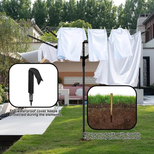 Umbrella Clothesline Outdoor, Rotary Retractable Clothes Line Outdoors Adjustable Height Drying Rack Clothing 4 Arms 12 Lines with 165 Feet Heavy Duty Outdoor Clothesline for Backyard
