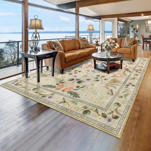 Area Rugs for Living Room, Washable 5x7 Vintage Rug for Bedroom, Non-Slip Floral Carpet for Home Office Nursery Dining Room Kitchen, Beige